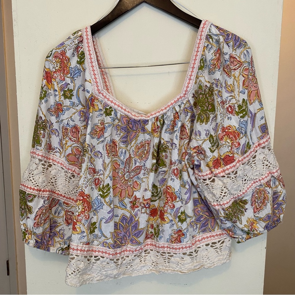 Christian Siriano Cropped Blouse Women's XL Linen Floral Crochet Boho Hippie Top - Picture 7 of 9